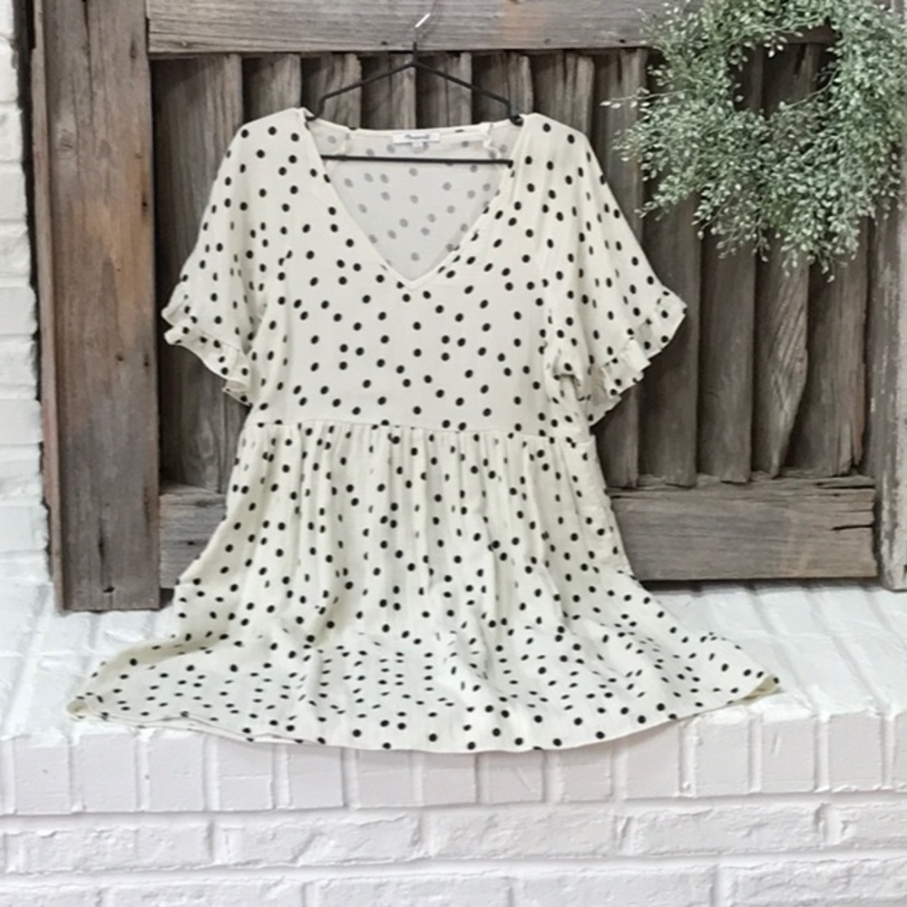 Madewell Lightspun Ruffle-Sleeve Babydoll Dress in Black/white Dot Toss
